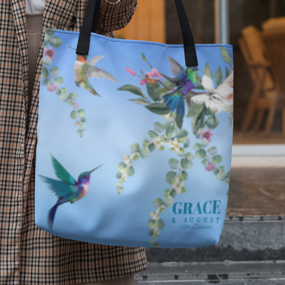 Tote bag | High-quality carry bag | Hummingbird pattern | Grace and August |  Green | Available in 3 sizes