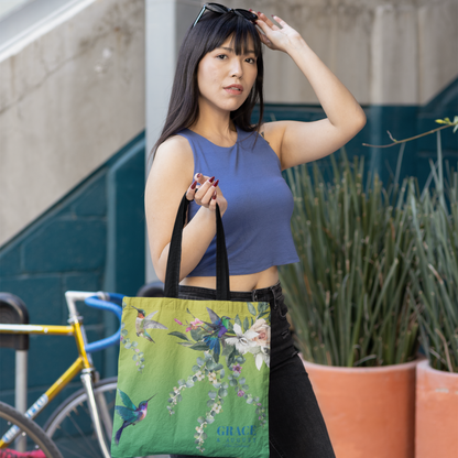 Tote bag | High-quality carry bag | Hummingbird pattern | Grace and August |  Green | Available in 3 sizes