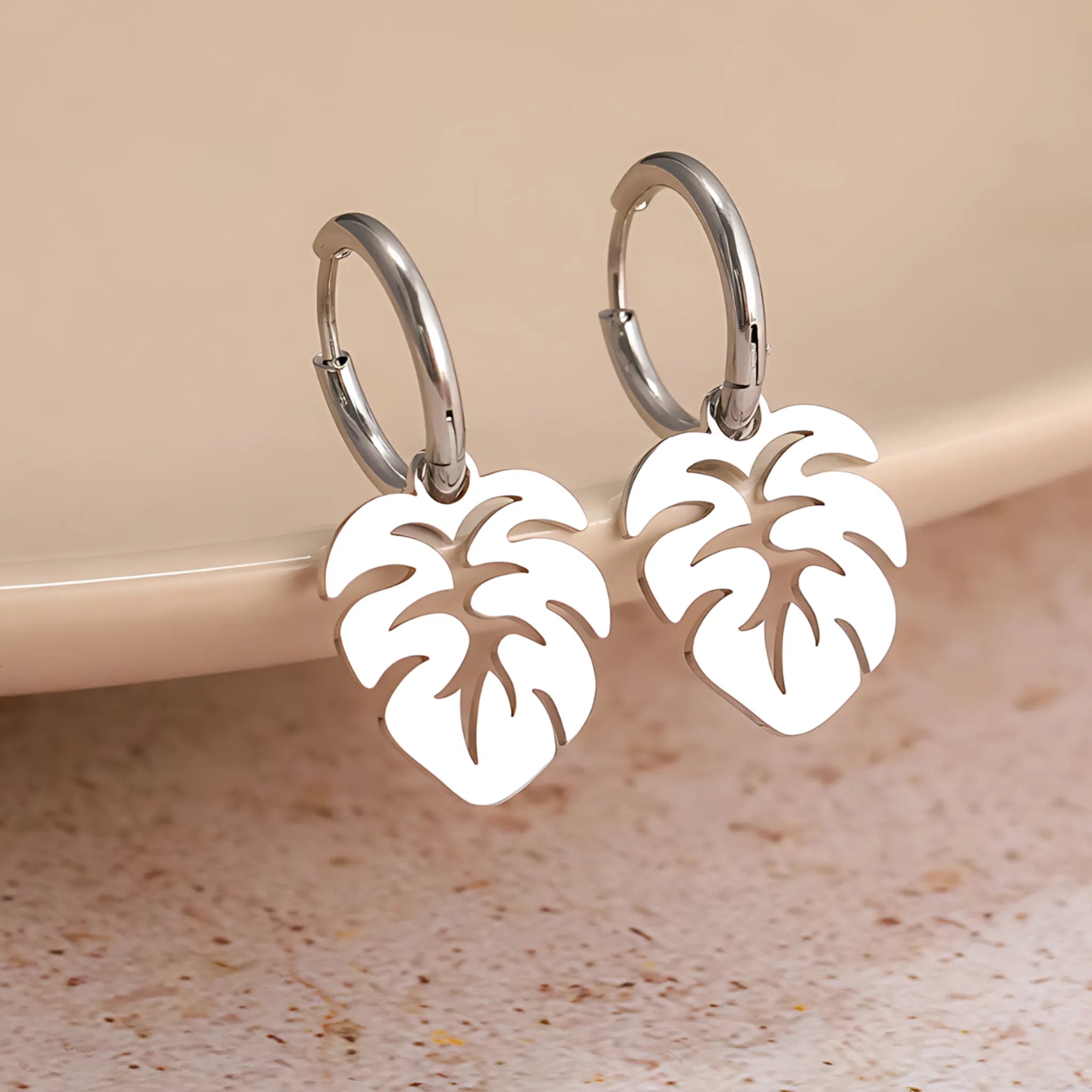 Stainless Steel Earrings – Bohemian Tropical Leaf Hoop Design