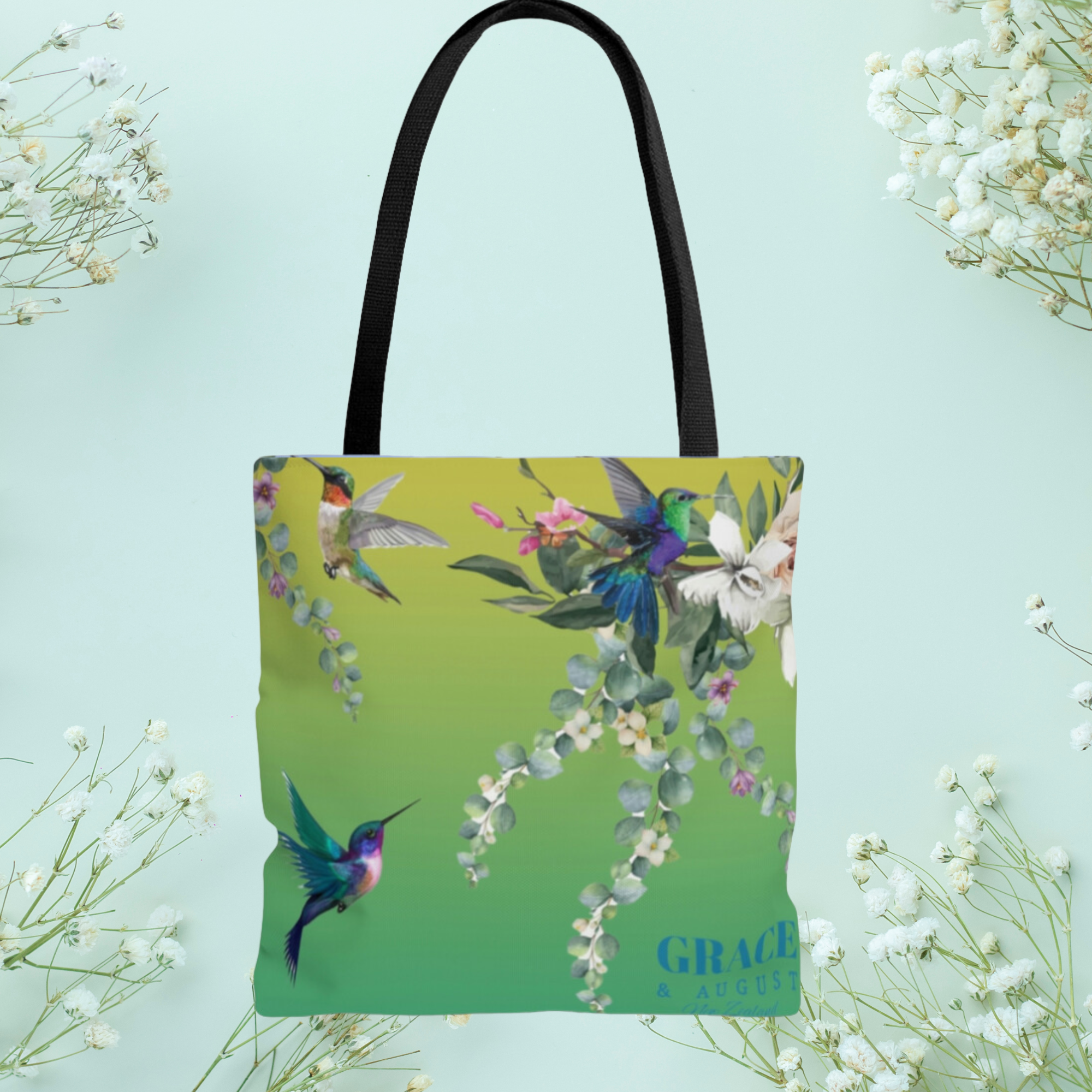 Tote bag | High-quality carry bag | Hummingbird pattern | Grace and August |  Green | Available in 3 sizes