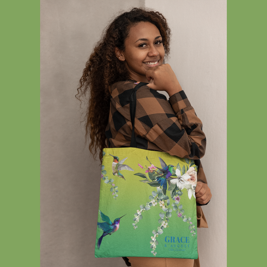 Tote bag | High-quality carry bag | Hummingbird pattern | Grace and August |  Green | Available in 3 sizes