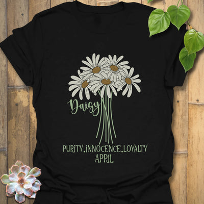 Black t-shirt featuring the design April Daisy with a print of rose flower, a stylish floral graphic shirt for casual fashion.