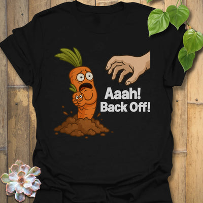 Black t-shirt featuring the design Back Off! printed in bold white letters, funny attitude shirt.