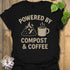 Black t-shirt featuring the design Compost & Coffee printed in bold letters, eco-conscious garden tee.