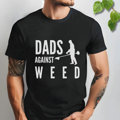 Black t-shirt featuring the design Dad Against Weeds, funny father’s gardening shirt.