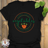 Black t-shirt featuring the design Farm Fresh Vegetables Picked Daily with bold garden vegetables print, organic lifestyle shirt.