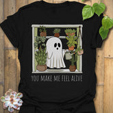 Black t-shirt featuring the design Feel Alive printed halloween motivational graphic tee.