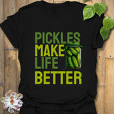 Black t-shirt featuring the design “Pickles make life better” with cucumbers inside a glass jar