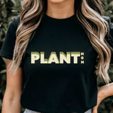 Black t-shirt featuring the design Plant Mum, stylish plant lover gift shirt.