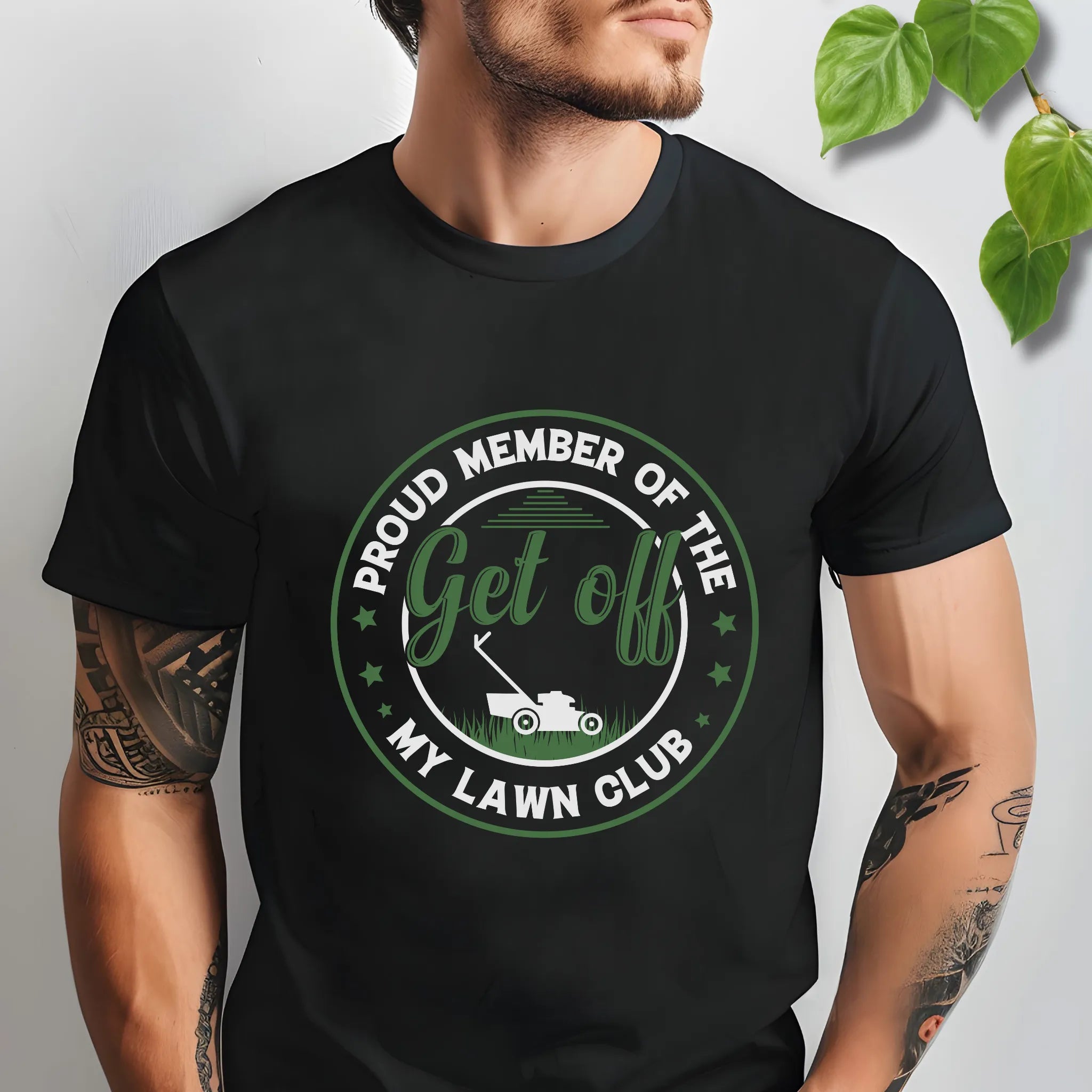 Black t-shirt featuring the design Proud Member of the My Lawn Club with bold lawn club print.