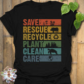 Black t-shirt featuring the design Save, Rescue printed in bold colorful letters, plants, nature, animal lover tee.