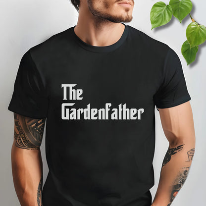 Black t-shirt featuring the design The Gardenfather printed in bold white letters, garden lover t-shirt.