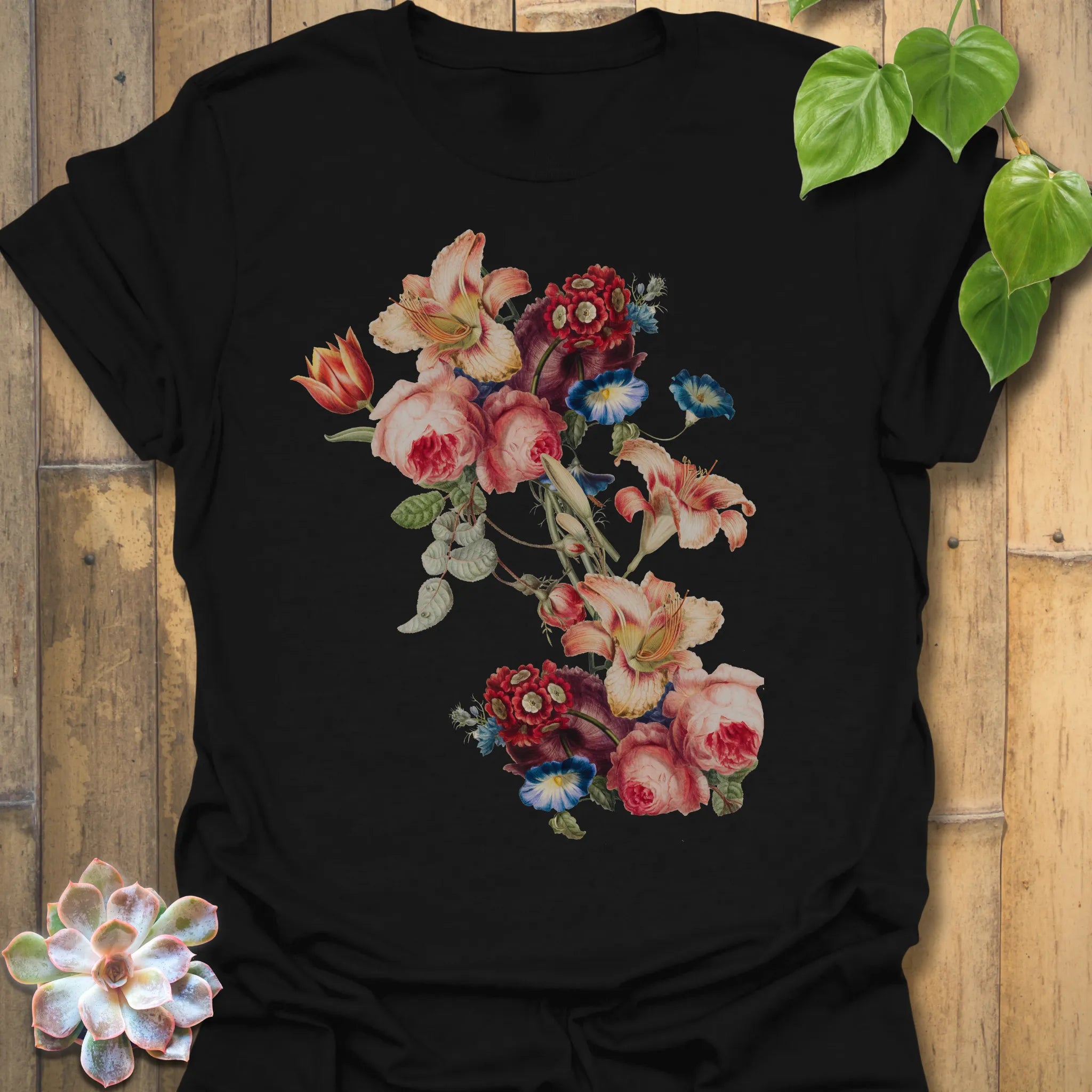 Black t-shirt featuring the design Victorian Bloom printed in elegant floral artwork, vintage flower shirt.