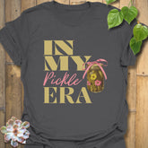 Charcoal grey t-shirt featuring the design “In My Pickle ERA” with cucumbers inside a glass jar