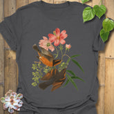 Charcoal grey t-shirt with the Spring Songbirds design showing two birds surrounded by pink blossoms and greenery
