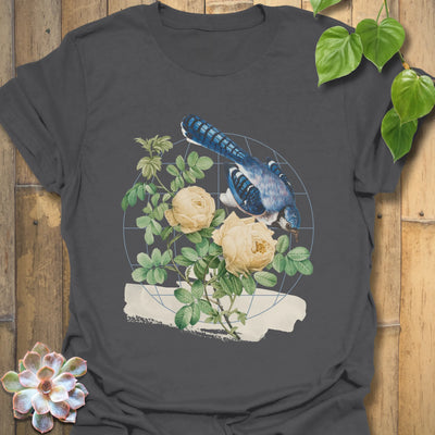 Charcoal t-shirt featuring the Botanical Flight design with a bird and flower print