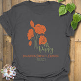 Charcoal t-shirt featuring the design August Poppy with a floral print, a modern flower graphic tee perfect for streetwear fashion.