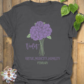 Charcoal t-shirt featuring the design February Violet with a rose flower print, a modern botanical graphic tee for casual outfits.