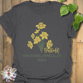Charcoal t-shirt featuring the design March Daffodil with a print of flower Rose, a trendy botanical flower tee.