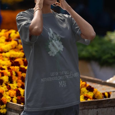 Charcoal t-shirt featuring the design May Lily of the Valley with Rose flower print, a versatile floral graphic tee for casual streetwear.