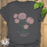 Charcoal t-shirt featuring the design November Chrysanthemum with a chrysanthemum flower illustration, classic floral print tee for everyday wear.