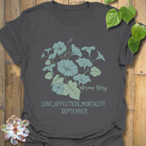 Charcoal t-shirt featuring the design September Morning Glory with a flower print, a modern dark floral graphic tee great for casual streetwear.