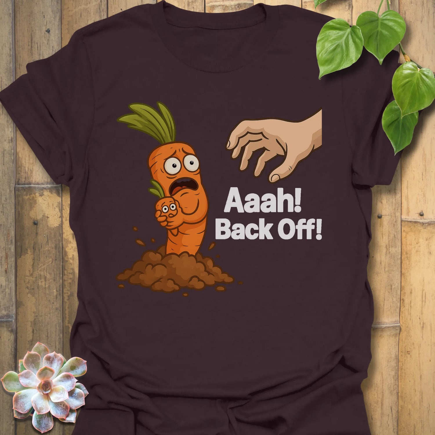 Dark Chocolate t-shirt featuring the design Back Off! printed in bold white letters, funny attitude shirt.