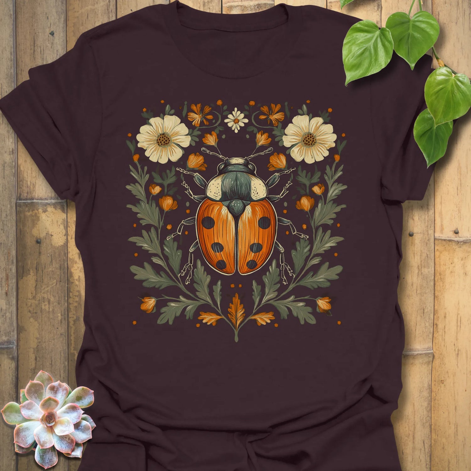 Dark Chocolate t-shirt featuring the design Blossom Beetle printed in nature-inspired floral beetle shirt.