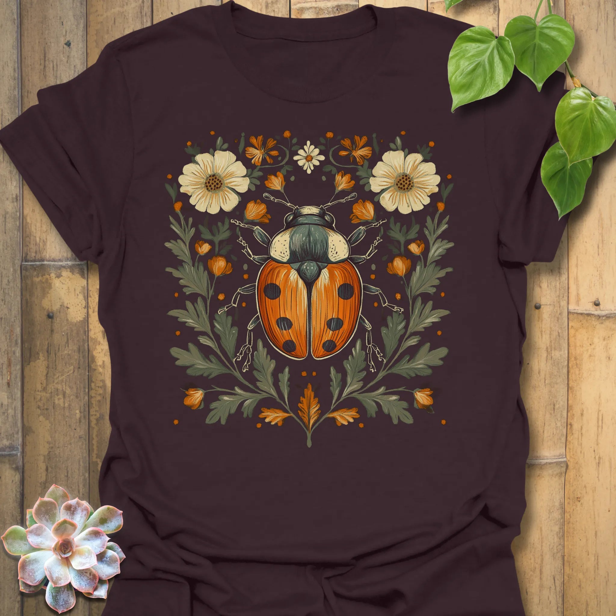 Dark Chocolate t-shirt featuring the design Blossom Beetle printed in nature-inspired floral beetle shirt.