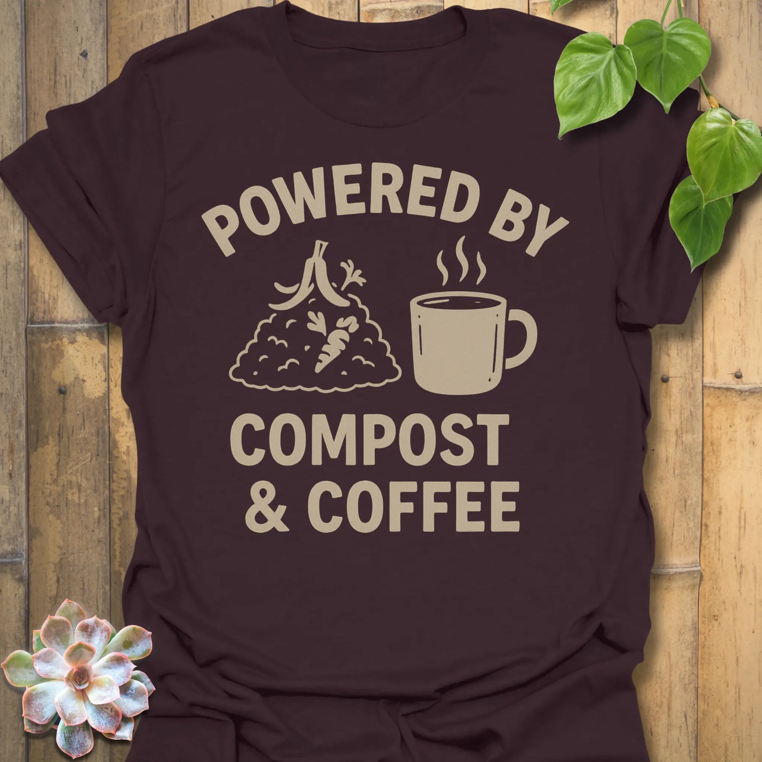 Dark Chocolate t-shirt featuring the design Compost &amp; Coffee printed in bold letters, eco-conscious garden tee.