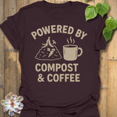 Dark Chocolate t-shirt featuring the design Compost & Coffee printed in bold letters, eco-conscious garden tee.