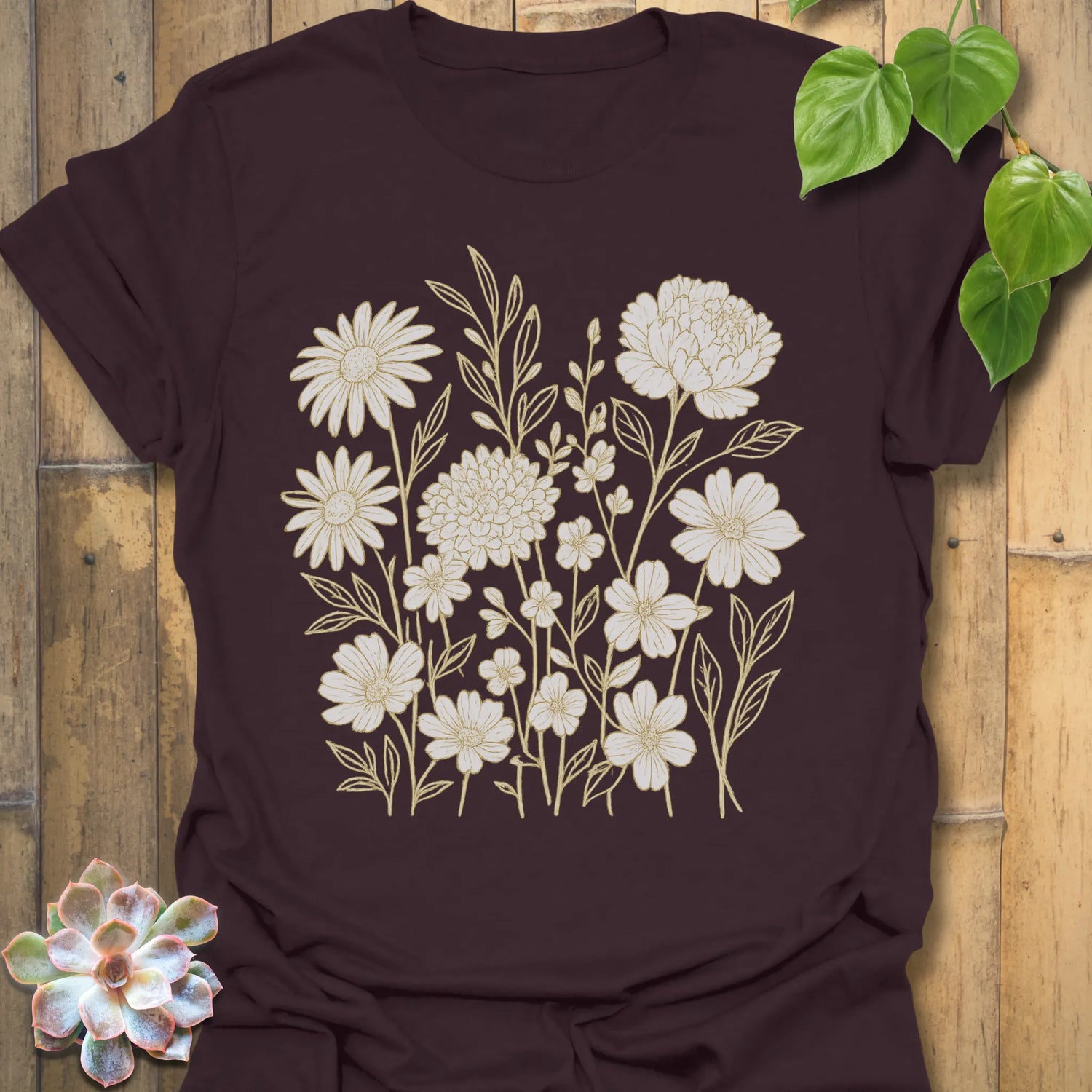 Dark Chocolate t-shirt featuring the design Eternal Flowers printed in floral graphic, flower lover t-shirt.