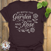 Dark Chocolate t-shirt featuring the design Garden And The Rose printed in soft floral tones, stylish plant lover shirt.