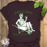 Dark Chocolate t-shirt featuring the design Garden Club printed in bold green letters, garden lover t-shirt.