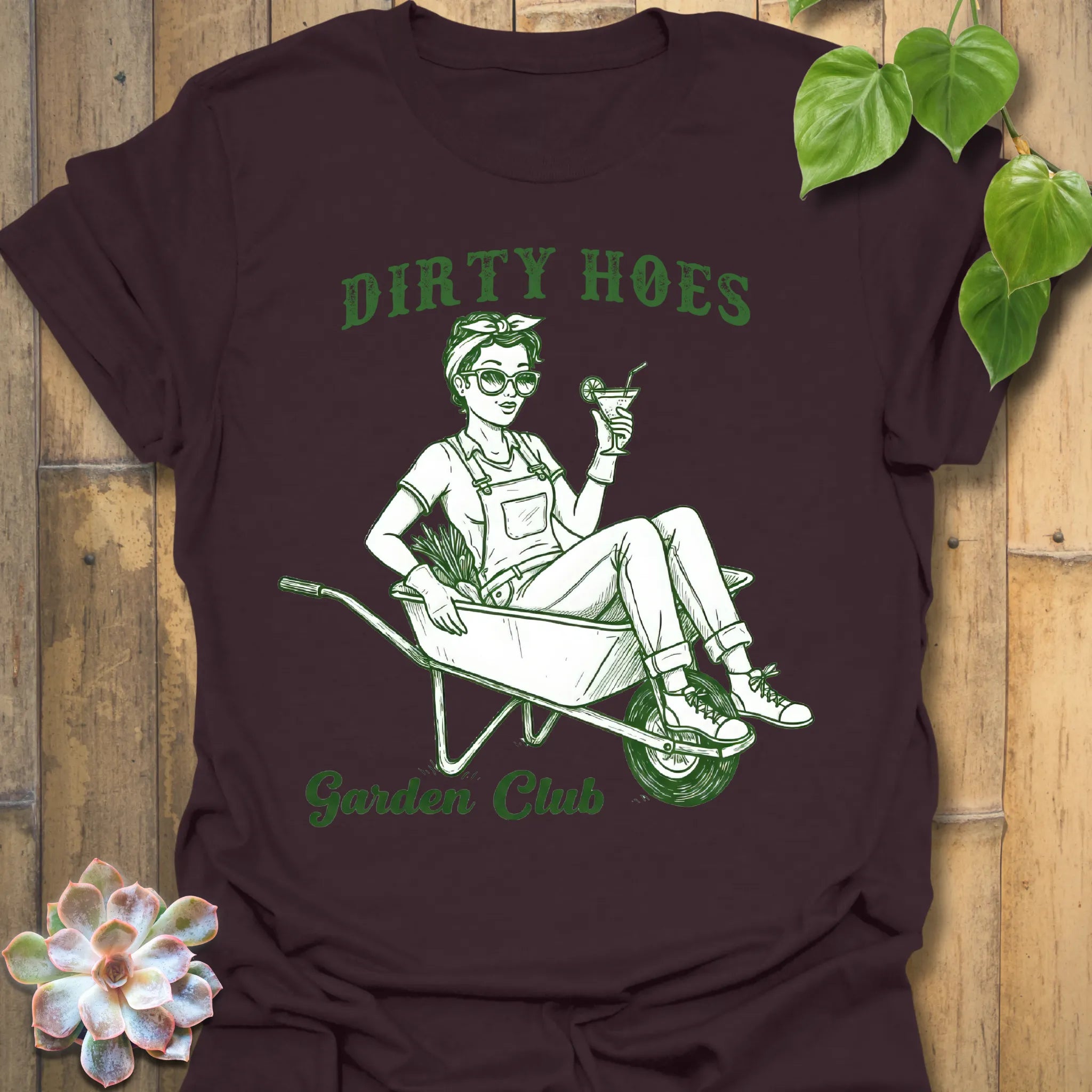 Dark Chocolate t-shirt featuring the design Garden Club printed in bold green letters, garden lover t-shirt.