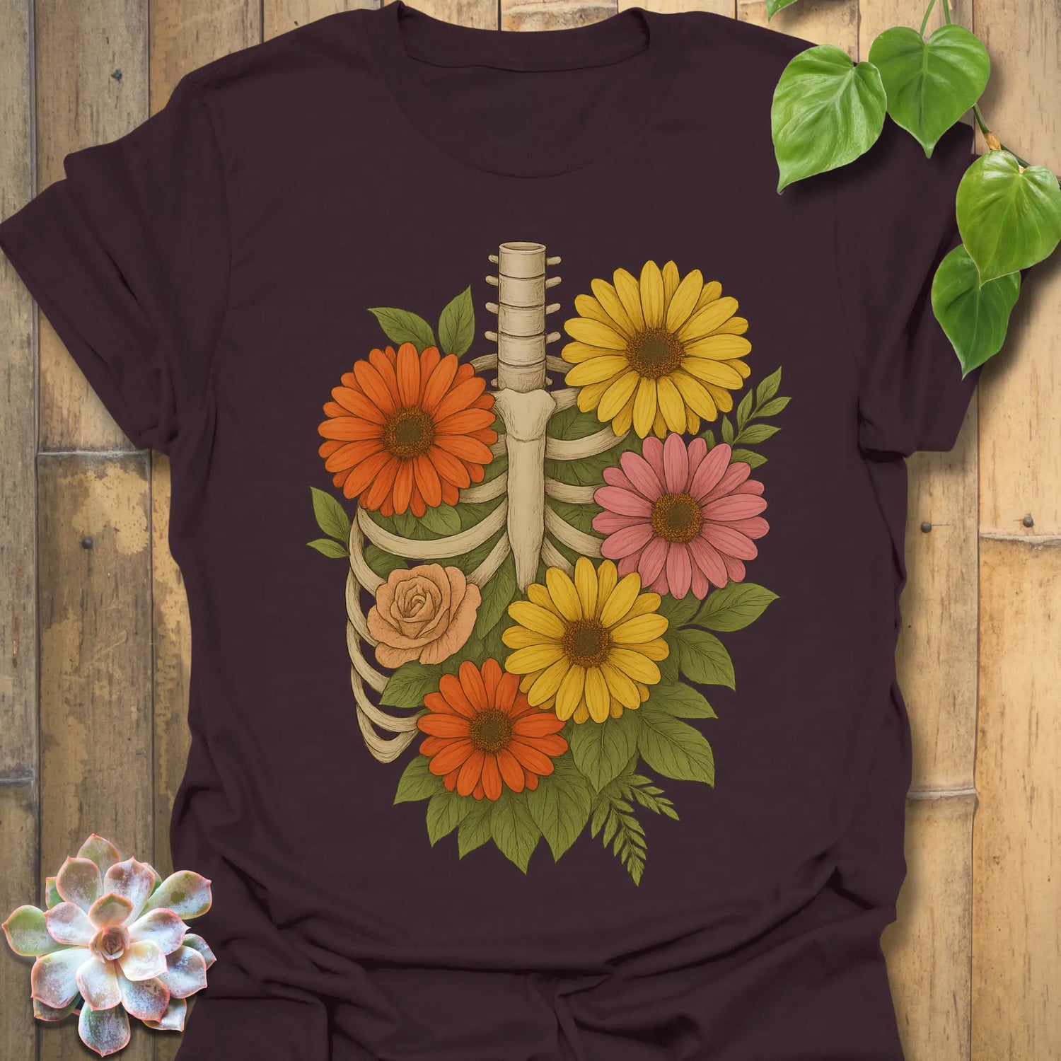 Dark Chocolate t-shirt featuring the design Gerbera Bones printed in floral skeleton graphic tee.