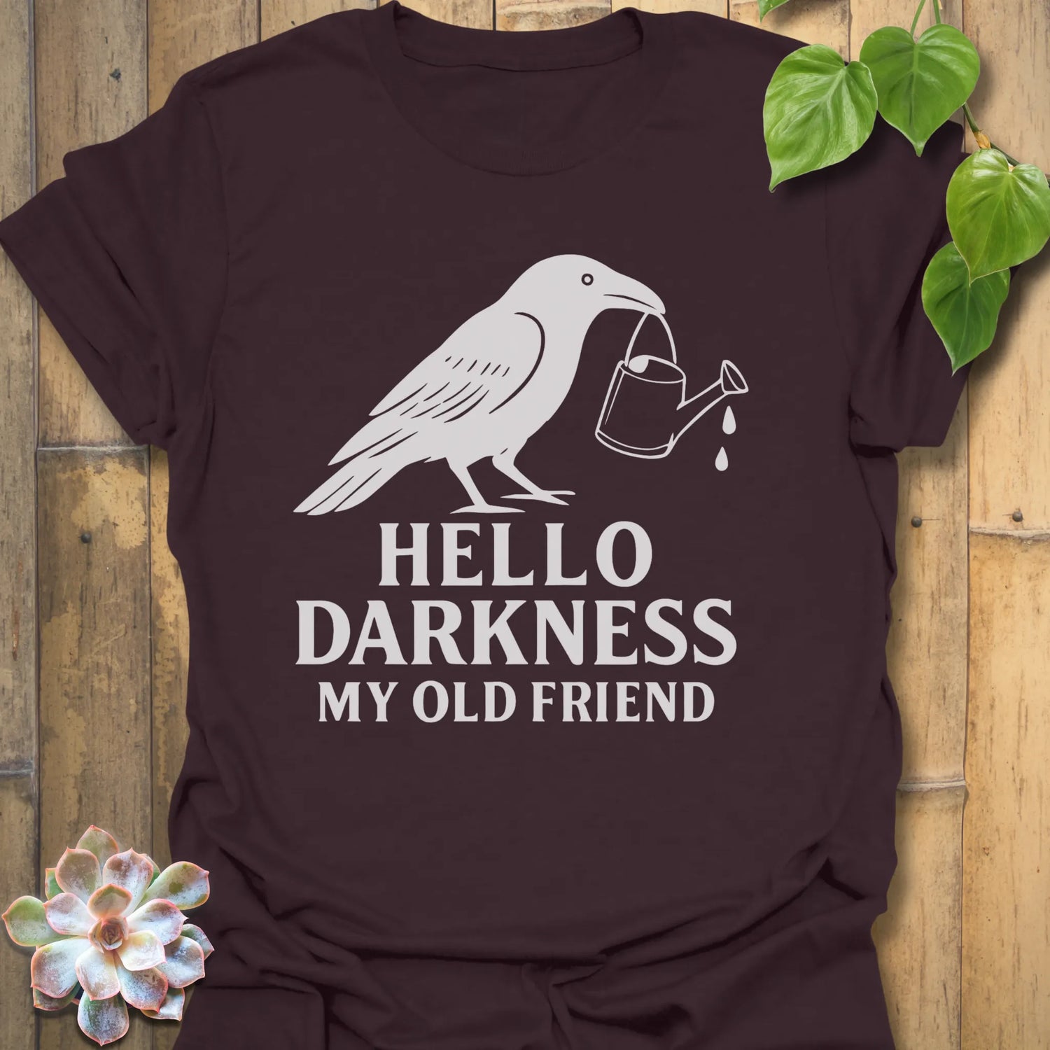 Dark Chocolate t-shirt featuring the design Hello Darkness printed in bold white letters, halloween lover graphic shirt.