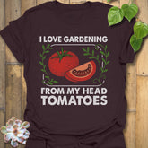 Dark Chocolate t-shirt featuring the design I Love Gardening printed in bold white letters, garden lover t-shirt.