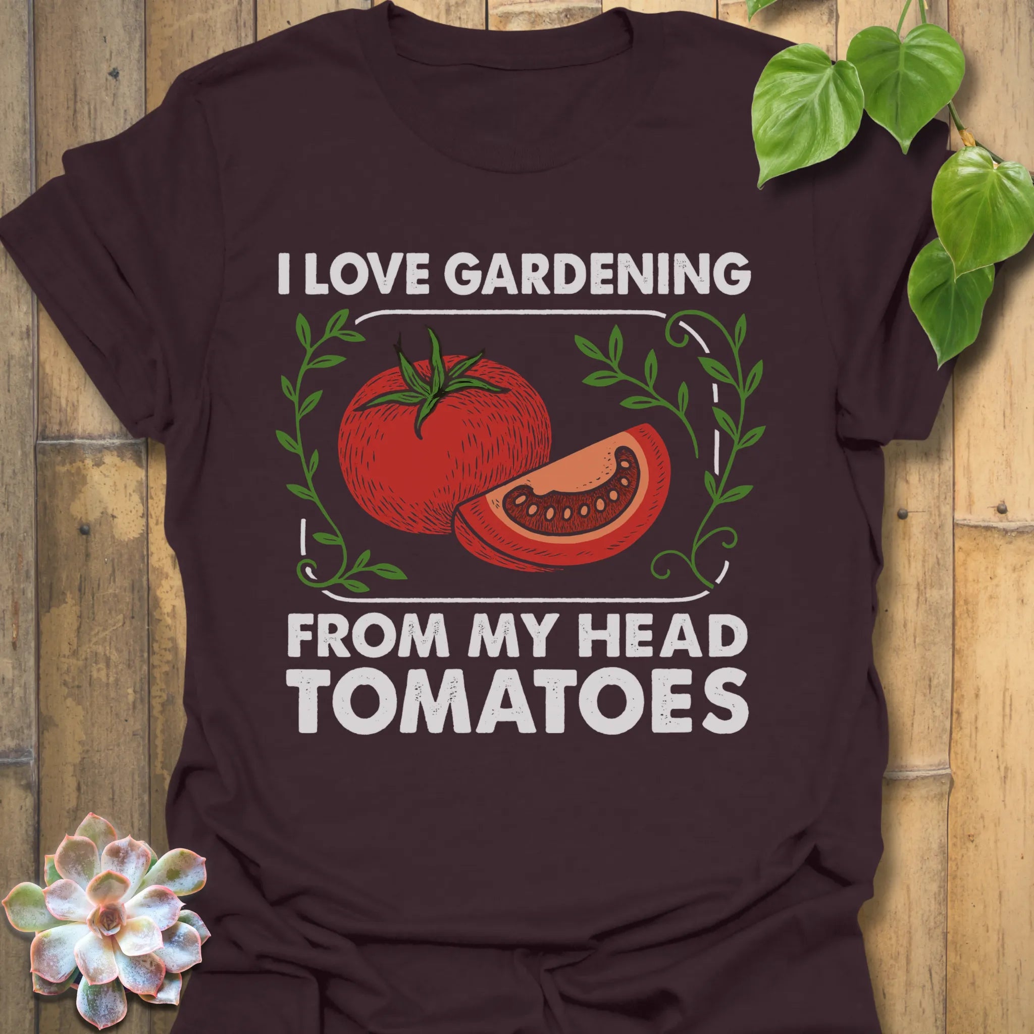 Dark Chocolate t-shirt featuring the design I Love Gardening printed in bold white letters, garden lover t-shirt.