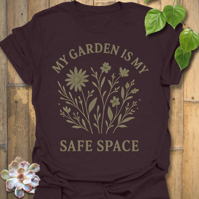 Dark Chocolate t-shirt featuring the design My Safe Place printed in bold letters, warm tone mindfulness shirt.
