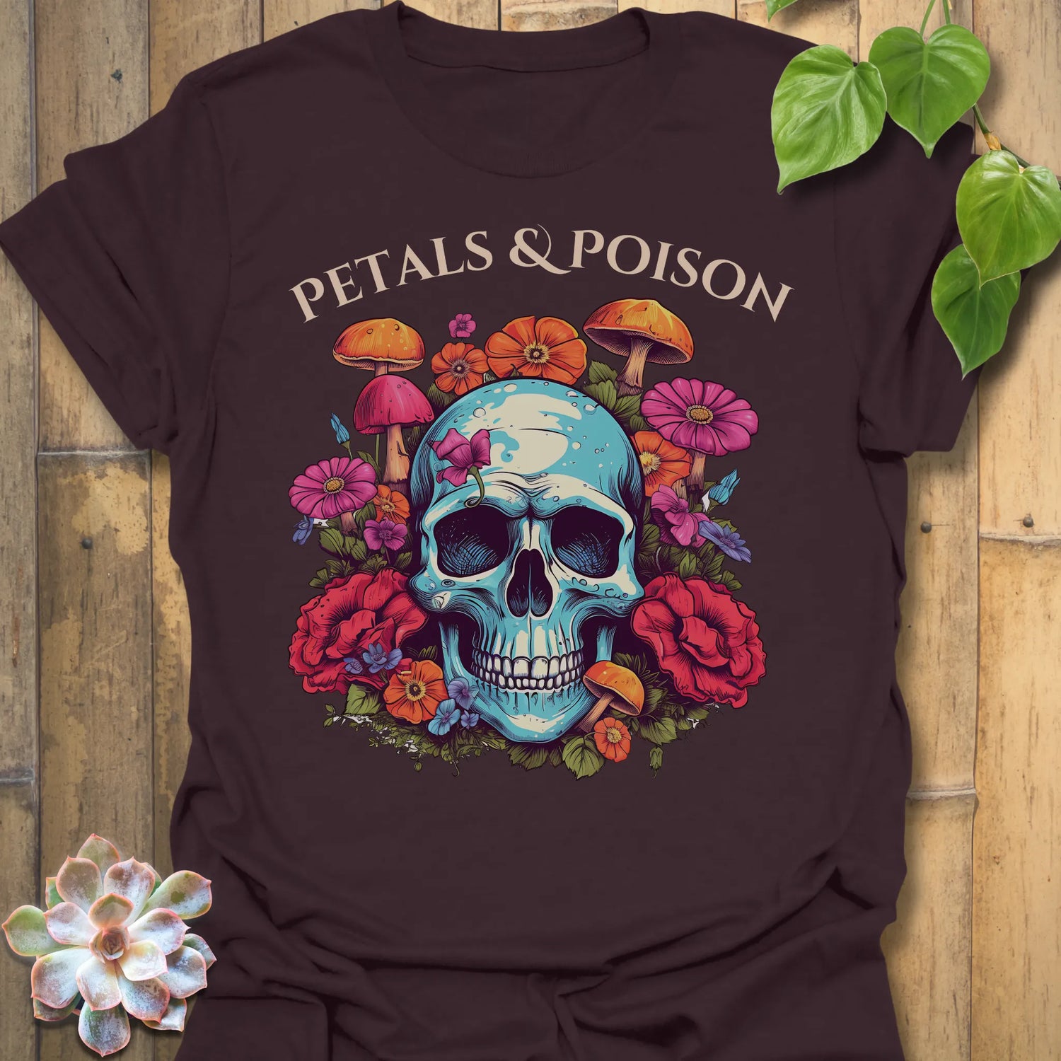 Dark Chocolate t-shirt featuring the design Petals &amp; Poison printed in bold letters, gothic floral shirt.