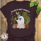 Dark Chocolate t-shirt featuring the design Plants Not People printed in bold white letters, halloween plant lover graphic tee.