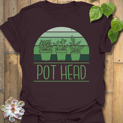 Dark Chocolate t-shirt featuring the design Pot Head printed in bold green letters, garden lover shirt.