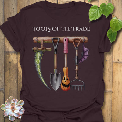 Dark Chocolate t-shirt featuring the design Tools Of The Trade printed in bold letters, garden tools shirt.