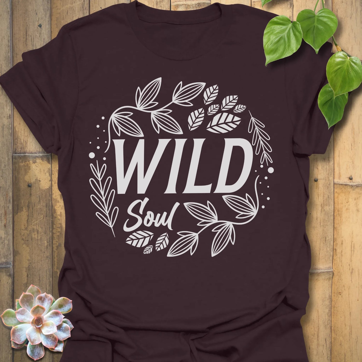 Dark Chocolate t-shirt featuring the design Wild Soul printed in bold white letters, nature-inspired shirt.