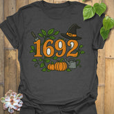 Dark Heather t-shirt featuring the design 1692 printed in minimalist witchy shirt.