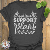 Dark Heather t-shirt featuring the design Emotional Support printed in bold letters, plant wellness graphic shirt.