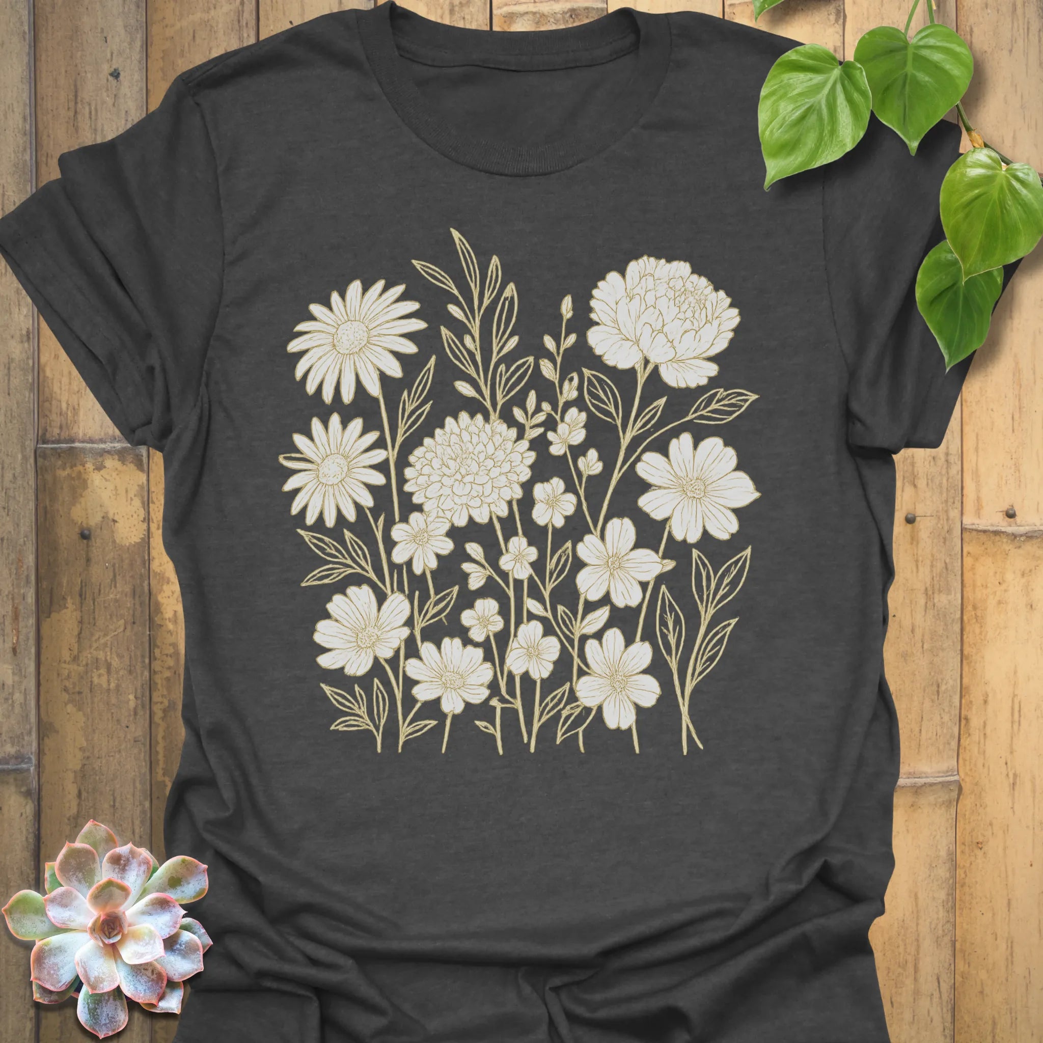 Dark Heather t-shirt featuring the design Eternal Flowers printed in floral graphic, flower lover t-shirt.