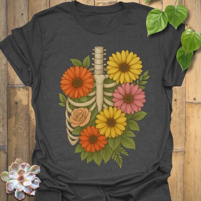 Dark Heather t-shirt featuring the design Gerbera Bones printed in floral skeleton graphic tee.