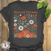 Dark Heather t-shirt featuring the design Harvest Dreams printed in bold orange letters, cosy harvest tee.